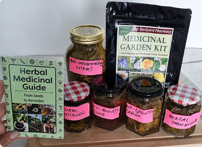 The Medicinal Garden Kit, including the guide, the seeds and jars of remedies.