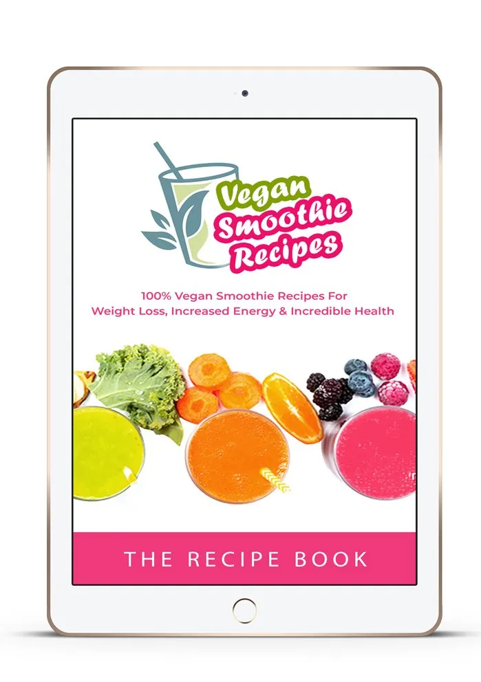 The "Vegan Smoothie Recipes" e-book cover in mobile screen. 