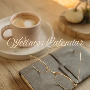 A cozy and inviting workspace setting featuring a cup of coffee on a ceramic saucer, a gray notebook, and a pair of gold-rimmed glasses laid on top. The background includes a soft glowing lamp and a small plant, adding a touch of warmth and tranquility. The text "Wellness Calendar" is elegantly scripted across the image, suggesting the theme of the notebook for planning or recording wellness activities. The overall scene conveys a sense of calm and organization, ideal for a relaxing and reflective environment.