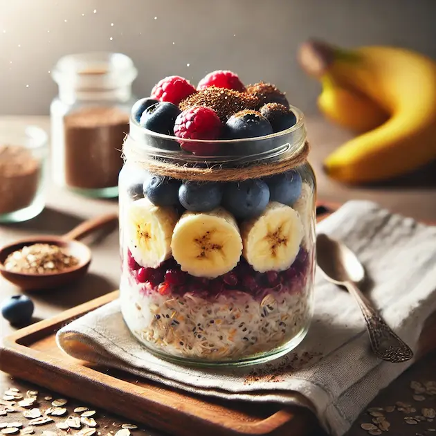 Jar of overnight oats layered with berries, chia seeds, and banana slices, set on a wooden table with natural morning light and a linen napkin.