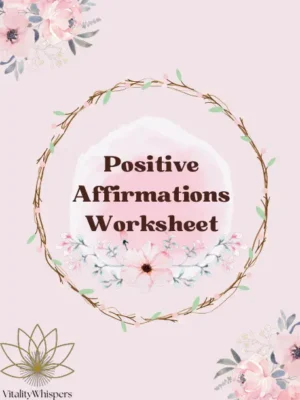 A beautifully designed Positive Affirmations Worksheet cover featuring soft pink floral elements and an elegant wreath encircling the title, creating a calming and uplifting aesthetic.