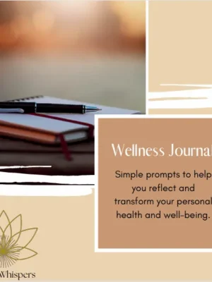 A digital promotional image for the Wellness Journal by VitalityWhispers, featuring a warm-toned aesthetic with an open journal and pen placed on a wooden surface. The text highlights simple prompts for self-reflection and well-being, inviting users to transform their personal health.