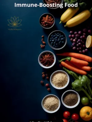 A visually appealing flat-lay image featuring a variety of immune-boosting foods, including fresh fruits, vegetables, nuts, and spices, arranged stylishly on a dark blue background. The text overlay reads Immune-Boosting Food and VitalityWhispers.