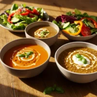 A beautifully arranged meal featuring three bowls of soup and two fresh salads on a rustic wooden table. The soups include a vibrant orange tomato or carrot soup, a hearty lentil soup, and a rich brown soup, each garnished with a swirl of cream and fresh basil leaves. The salads are colorful, filled with crisp greens, sliced cucumbers, cherry tomatoes, red and yellow bell peppers, and purple cabbage. Warm sunlight streams in, highlighting the textures and colors of the food, creating an inviting and nourishing dining scene.