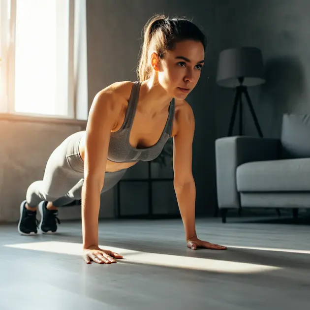 Focused woman holding a strong plank position in a sunlit room, showcasing strength, balance, and commitment to daily movement.