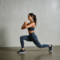 A fit woman with long, dark hair tied in a ponytail is performing a lunge exercise in a minimalist indoor setting. She is wearing a dark gray sports bra, matching high-waisted leggings, and black athletic shoes. Her hands are clasped together in front of her chest, and she has a focused expression as she looks straight ahead. Her front knee is bent at a 90-degree angle, while her back leg is extended with the knee hovering just above the ground. The background consists of a plain gray wall and a smooth floor.