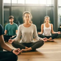 A group of people is participating in a meditation or yoga session in a bright, spacious studio with large windows. The central figure, a woman with curly hair, is sitting cross-legged with her eyes closed, wearing a light gray long-sleeve shirt and dark leggings. She has a calm and serene expression. Behind her, other participants, including a man in a teal shirt and a woman in a white tank top, are also sitting in a meditative pose with their hands resting on their knees. The room has a warm, natural ambiance with wooden flooring and soft lighting, creating a peaceful and focused atmosphere.