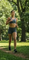 A young woman with an athletic physique is jogging along a dirt path in a lush, green park. She is wearing a dark gray sports bra and matching shorts, along with black running shoes. Her expression is focused and determined as she maintains a steady pace, looking straight ahead. The background features tall trees with vibrant green leaves, filtering sunlight and casting dappled shadows on the ground. The scene captures a peaceful and energizing outdoor workout in a natural setting.