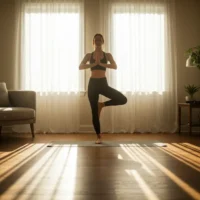 A woman is practicing yoga in a peaceful, sunlit living room. She is standing on a yoga mat in the tree pose, balancing on one foot with her hands pressed together in a prayer position at her chest. She is wearing a black sports bra and matching leggings. The room has soft natural light filtering through sheer white curtains, casting long shadows on the wooden floor. A cozy armchair, a small side table with potted plants, and warm, neutral decor create a calm and serene atmosphere, perfect for mindfulness and relaxation.