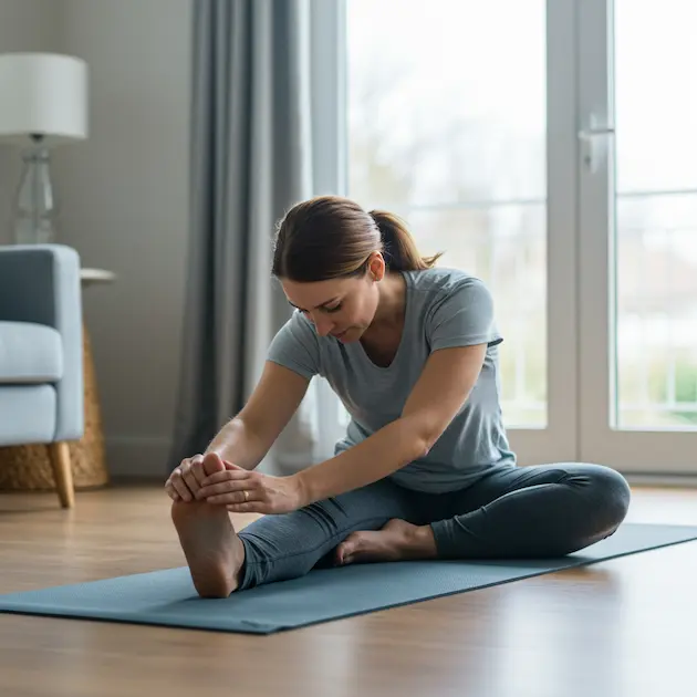 Woman in activewear sitting on a yoga mat in a bright living room, gently stretching her leg as part of a calming at-home wellness routine.