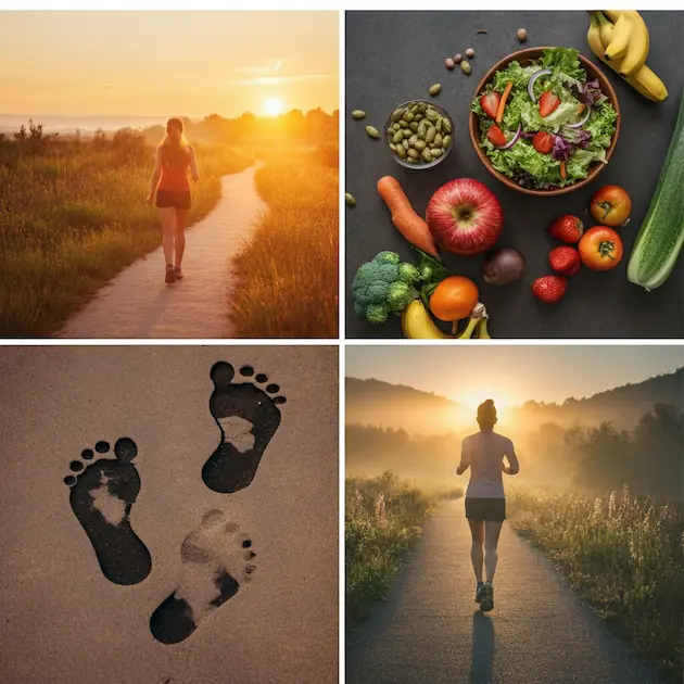 A collage depicting a healthy lifestyle theme, including a woman walking along a sunlit path at sunrise, a bowl of fresh salad with various fruits and vegetables, footprints in the sand, and another woman jogging in a natural landscape. The image highlights outdoor exercise, mindfulness, and clean eating.