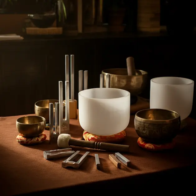 An assortment of sound healing instruments arranged on a table, including various sizes of Tibetan singing bowls, crystal bowls, and tuning forks. The setting conveys a mystical or traditional atmosphere with a focus on these therapeutic tools.