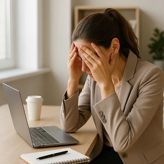 a young woman in her 30s touching her forehead in a painful way, like experiencing a headache. She's wearing a beige suit and sits at her desk with her coffee, laptop and notepad.