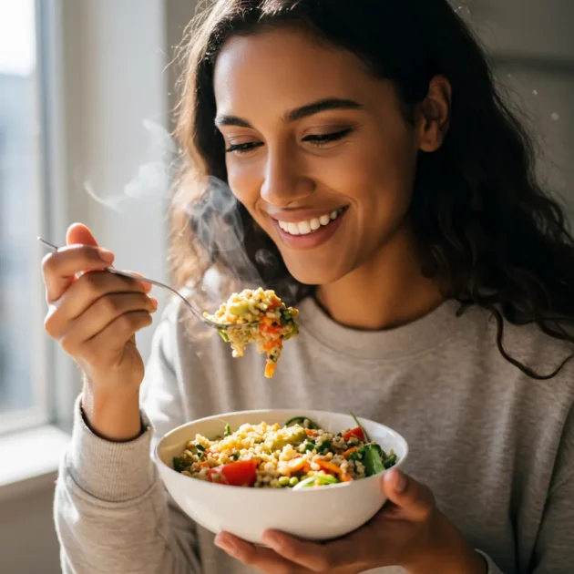 Smiling woman enjoying a warm, colourful grain and vegetable bowl by the window, promoting gut-friendly, anti-inflammatory eating.
