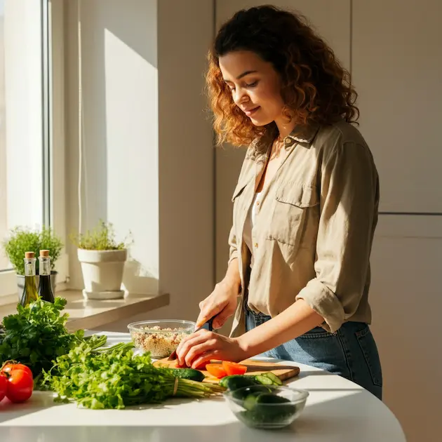 Woman preparing a healthy meal in a bright kitchen, chopping fresh vegetables like bell peppers and cucumbers on a cutting board, surrounded by herbs and quinoa—highlighting a mindful, nutritious lifestyle.