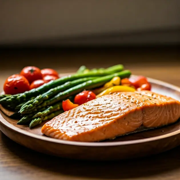 Grilled salmon fillet served with roasted cherry tomatoes, sautéed asparagus, and yellow bell peppers on a wooden plate – a healthy, anti-inflammatory meal rich in omega-3s and vibrant vegetables.