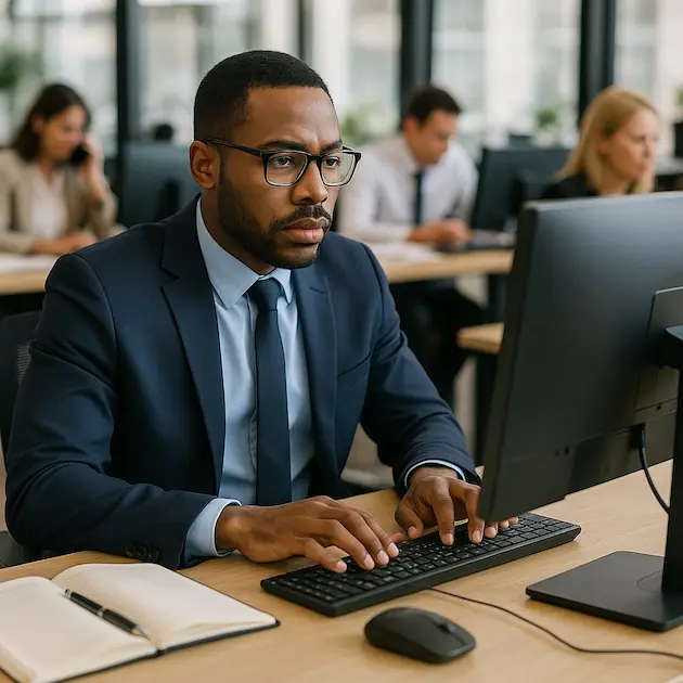 An african-American professional dressed in a suit, working in an office.