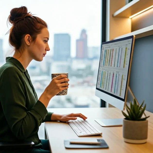 Busy professional woman working at her desk, looking at her screen and drinking coffee